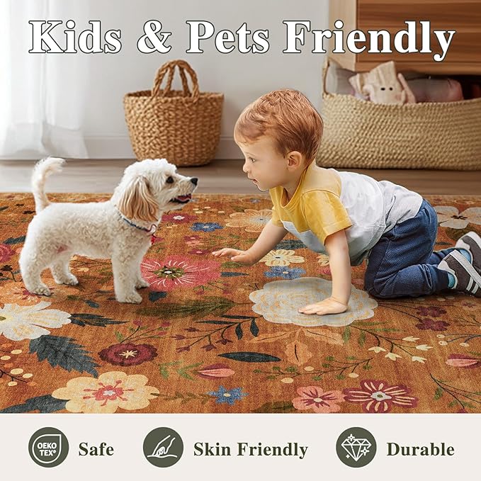 8x10 Washable Area Rug for Living Room, Floral Non-Slip Non-Shedding & Easy Care, Large Soft Low Pile Indoor Floor Carpet for Living Room, Bedroom, Farmhouse, Dining Room, Kids Playroom, Orange