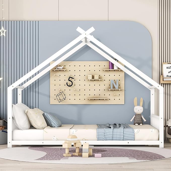 Twin Size House Shaped Montessori Platform Beds, Wood Floor Bed Frame with Roof and Fence Deisgn, Kids Double Toddler Bed for Children Boys Girls, Easy Assemble, No Box Spring Needed, White
