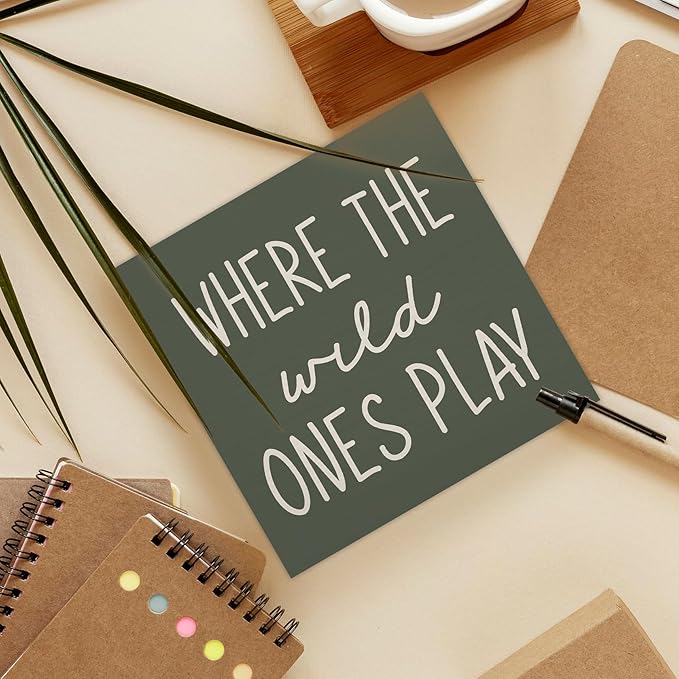 Where The Wild Ones Play Green Wood Box Sign Desk Decor 8x8, Nursery Kids Room Wooden Block Sign Decorations for Playroom Toddler Boys Girls Room Wall Tabletop Shelf Decor