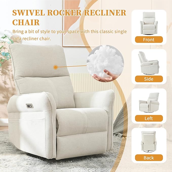 Power Swivel Rocker Recliner Chair for Nursery, Upholstered Snowflake Velvet 270°Swivel Glider Rocker Chair with USB Ports, Small Power Recliners for Small Spaces Living Room