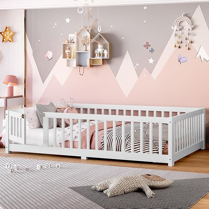 Bellemave Full Size Floor Bed with Rails for Kids, Girls, Boys, Pine,Plywood Floor Bed with slats and Door, White