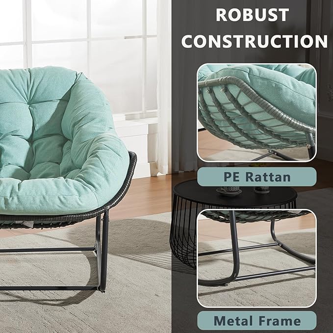 Oversized Outdoor Papasan Rocking Chair Set of 2 with Soft Cushion, Comfy Patio Egg Chair, Wicker Lounge Rocker for Balcony/Porch/Garden, Reinforced All Weather Rattan Frame, Mint Green