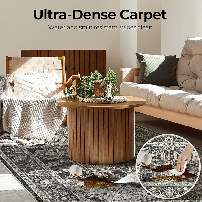 WITSHOCK Living Room Area Rugs 4x6: Washable Rug Boho Soft Non-Slip Low Pile Stain Resistant Foldable Carpet for Bedroom Playroom Dining Room Office Kitchen Farmhouse Home Decor Rug-Bitter Black
