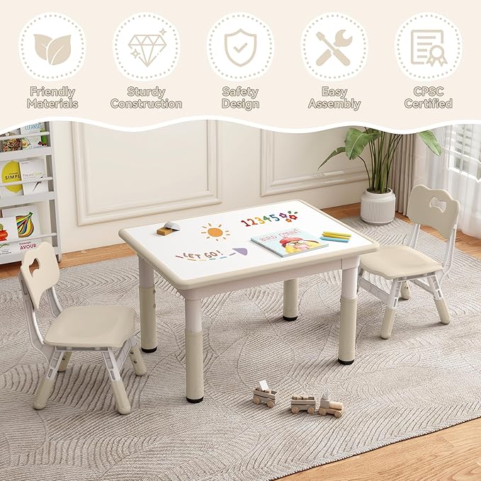 Kids Study Table and Chairs Set, Height Adjustable Toddler Table and Chair Set for Kids Ages 3-8, 31.5" L x 23.6" W Graffiti Desktop Plastic Children Art Table with 2 Seats