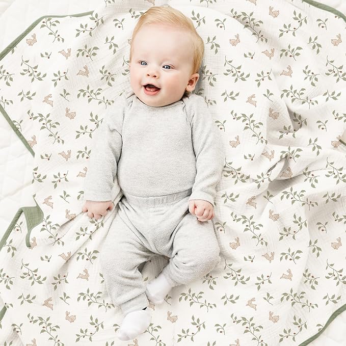 Konssy Muslin Baby Blankets for Girls Boys, 100% Cotton Crib Blanket for Baby Infant Toddler, Super Soft and Lightweight Nursery Blankets 40"x36"（Rabbit