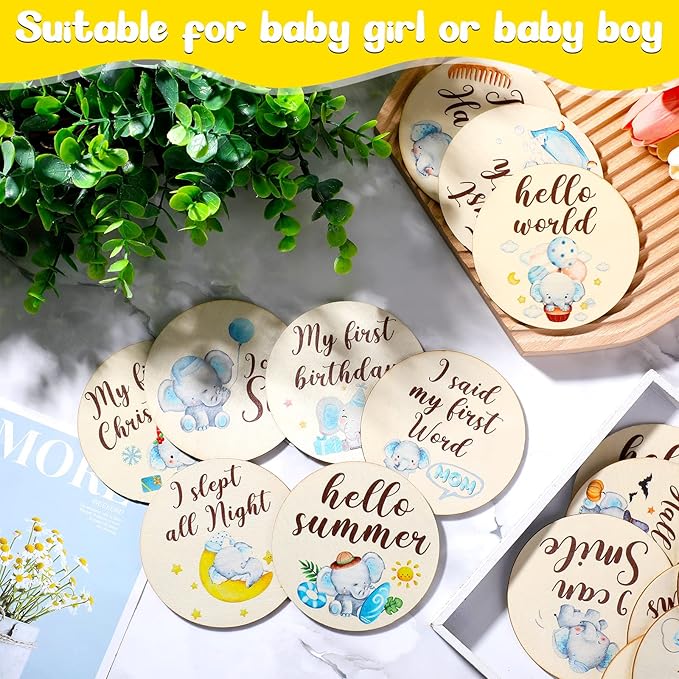 16 Pieces Wooden Baby Monthly Milestone Cards Baby Monthly Milestone Marker Discs Double Sided Monthly Milestone Wooden Circles Baby Months Signs for Baby Shower Newborn Photo Props(Blue Elephant)