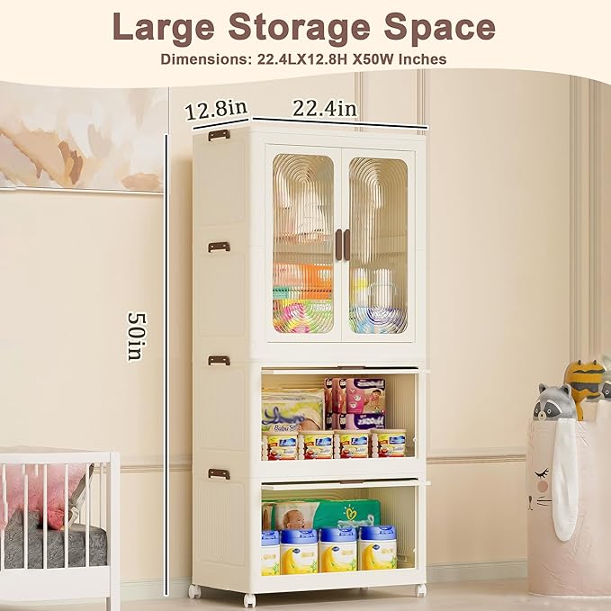 Portable Wardrobe Closet with Drawers, Magnetic Doors, 4 Cubes & Hanging Rod, 10 Hangers, Large Foldable Armoire for Clothes Storage, Wardrobe Storage Cabinet for Families, Baby, Easy Assembly