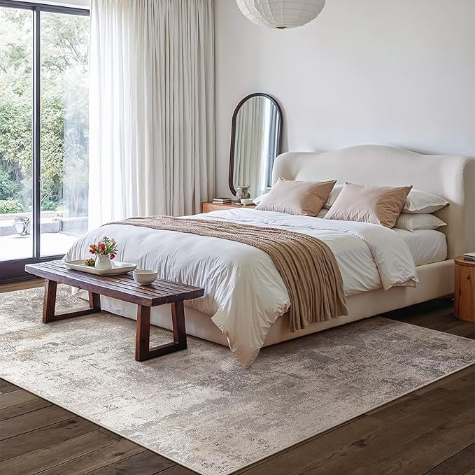 GENIMO Washable 8x10 Area Rugs for Living Room, Non Slip Modern Abstract Rug, Machine Washable Stain Resistant Low Pile Soft Carpet for Bedroom, Dining, Office, Light Grey Brown