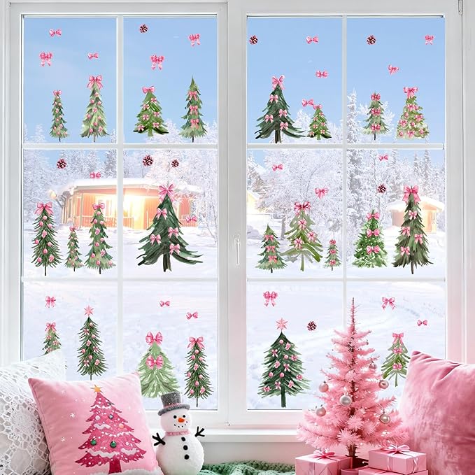 Christmas Tree Window Decals Small Pine Trees Wall Stickers Pink Bow Trees Windows Decals Watercolor Winter Green Tree Wall Stickers Removable Xmas Holiday Windows Decoration for Party Supplies