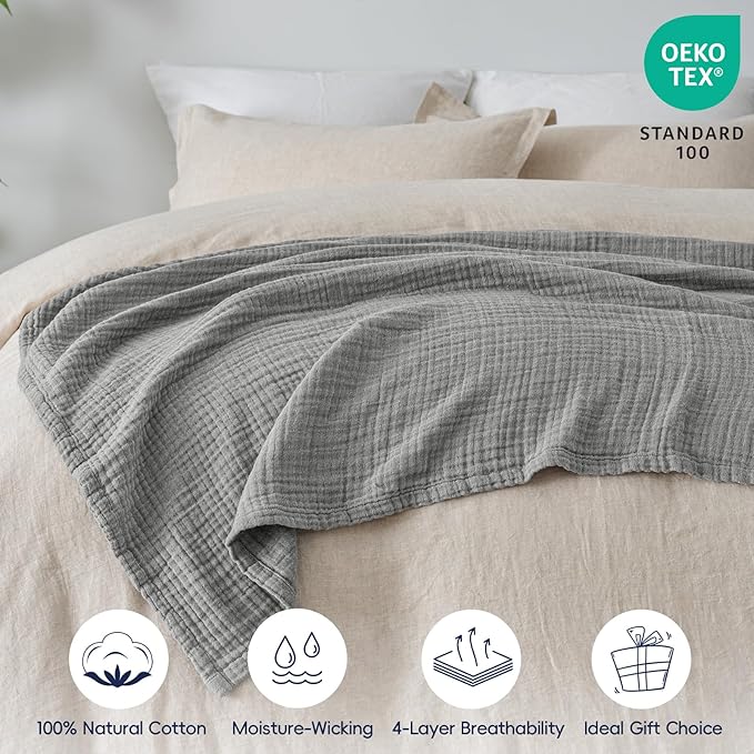 PHF 100% Cotton Muslin Throw Blanket 50" x 60", 4-Layer Lightweight Gauze Throw, Breathable Cloud-Soft Minimalist Blanket for Bed, Couch, Camping & Baby, Grey, Ideal Gift