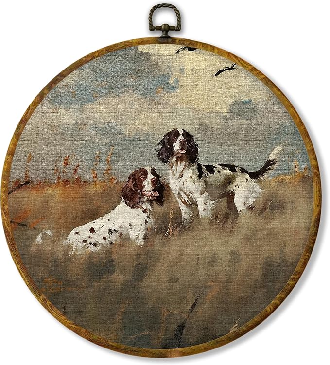 Hiuwevt Vintage Springer Spaniel Dog Round Wall Art Decor, Springer Spaniel Gifts Framed Canvas Prints, Rustic Farmhouse Round Wall Hanging Decor for Home Bedroom Living Room Decorations, 10x10 Inches