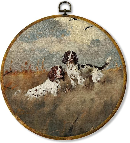Hiuwevt Vintage Springer Spaniel Dog Round Wall Art Decor, Springer Spaniel Gifts Framed Canvas Prints, Rustic Farmhouse Round Wall Hanging Decor for Home Bedroom Living Room Decorations, 10x10 Inches