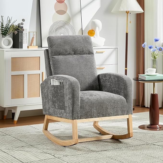 Rocking Chair Nursery, Modern Upholstered Glider Rocker with Side Pocket, Upholstered Lounge Chair with Solid Wood Base for Relaxin, for Living Room, Bedroom