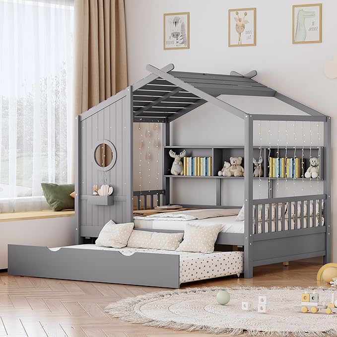 Bellemave Full Size House Bed with Trundle for Kids,Full Kids Bed Frame with Storage Shelves,Wood House Bed Frame for Girls,Boys,Can be Decorated,Gray