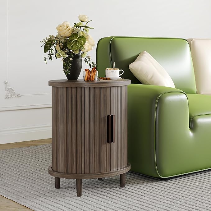 20 Inch Round Side Table,Wood Fluted End Table with Storage, Mid Century Modern Night Stand for Bedroom, Living Room and Apartment