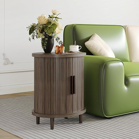 20 Inch Round Side Table,Wood Fluted End Table with Storage, Mid Century Modern Night Stand for Bedroom, Living Room and Apartment