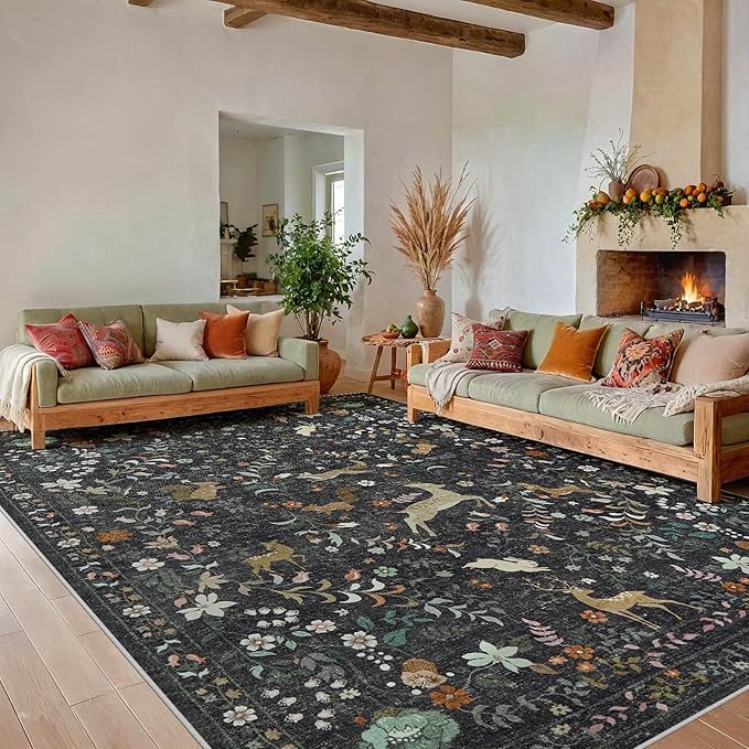 8x10 Area Rugs for Living Room Floral Animal Print Carpet Washable Non-Slip Large Rug Low Pile for Indoor Bedroom Dining Room Nursery Home Office Farmhouse Kids Play Room Black