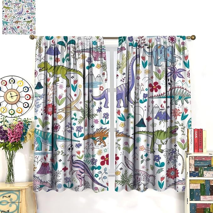 Dinosaur Curtains Cartoon Cool Funny Dino Tropical Plant Leaves Flowers Aesthetics Art Print for Kids Boys Bedroom Living Room Rod Pocket Decoration Window Drapes 2 Panels W26xL84in