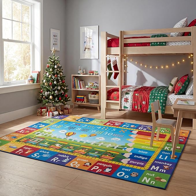 Unirea 4x6 Kids Rug for Playroom Bedroom Living Room, Washable Educational Play Mat with ABC Alphabet, Numbers, Animals for Classroom, Nursery, Colorful Learning Carpet for Toddlers, Rainbow