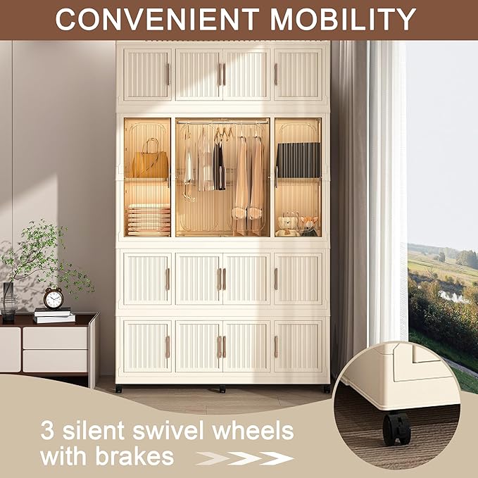 Kids Portable Wardrobe Closet Organizer with Magnetic Doors, 16 Cubes & 1 Hanging Rod, 6 PCS Hangers, Children's Plastic Wardrobe Closet for Bedroom Storage, Large Baby Wardrobe Storage Cabinet