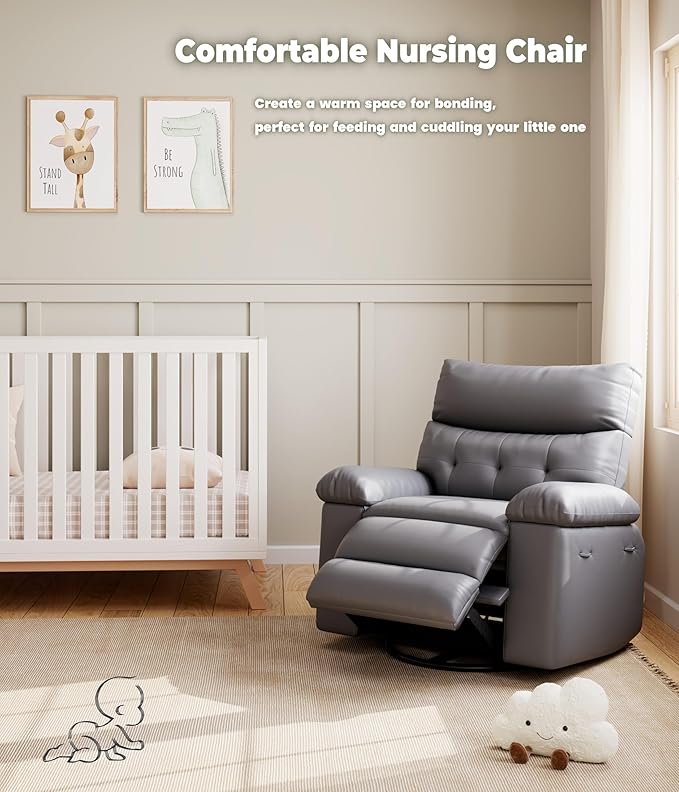 GarveeHome Oversized Wide Rocker Swivel Recliner Chair - PU Leather Manual Recliner for Adults, Large Nursery Chair Lazy Recliner with Comfort Arm and Back for Living Room, Bedroom