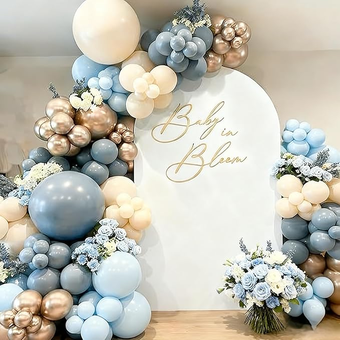 Dusty Blue and Gold Balloons, 60 PCS 12 Inch Slate Fog Pastel Baby Blue Sand White and Gold Balloons for Baby Boy Shower Bridal Shower Birthday Wedding Party Decorations