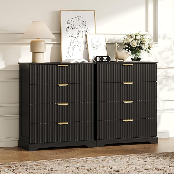 Fluted Dresser with 4 Drawers for Bedroom, 36.6" Tall Dresser with Metal Handle, Wooden Chest of Drawers for Bedroom, Living Room, Entryway, Black