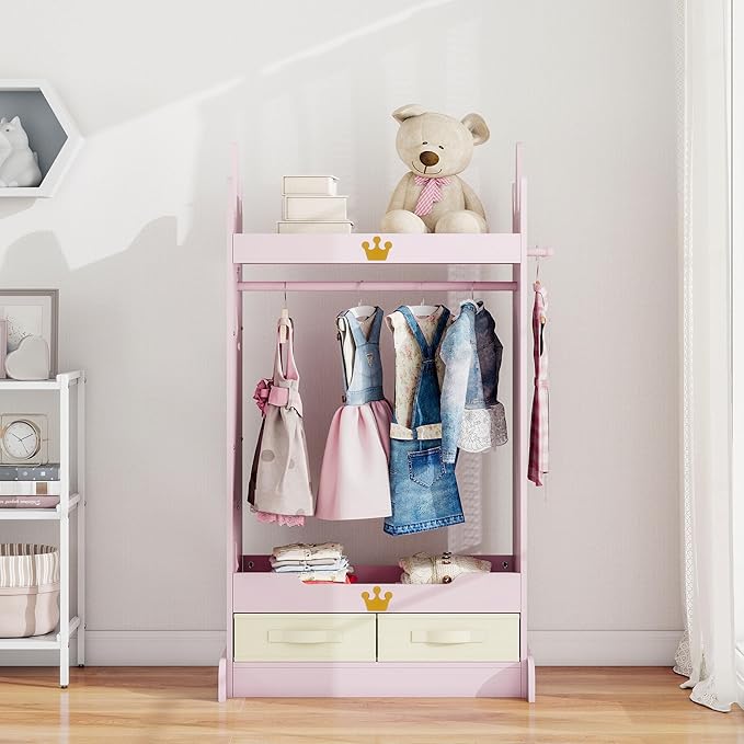 Kids Dress Up Storage with Mirror, Kids Open Hanging Armoire & Costume Storage Dresser, Costumes Wardrobe Closet for Bedroom, Nursery, Preschool, Pink