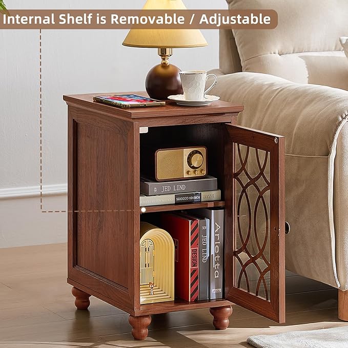 Narrow Side Table with Glass Door, 18 x 14'' Night Stand with Adjustable Shelf Storage Cabinet Organizer, Bedside End Tables Wood Nightstand for Small Spaces Living Room Bedroom
