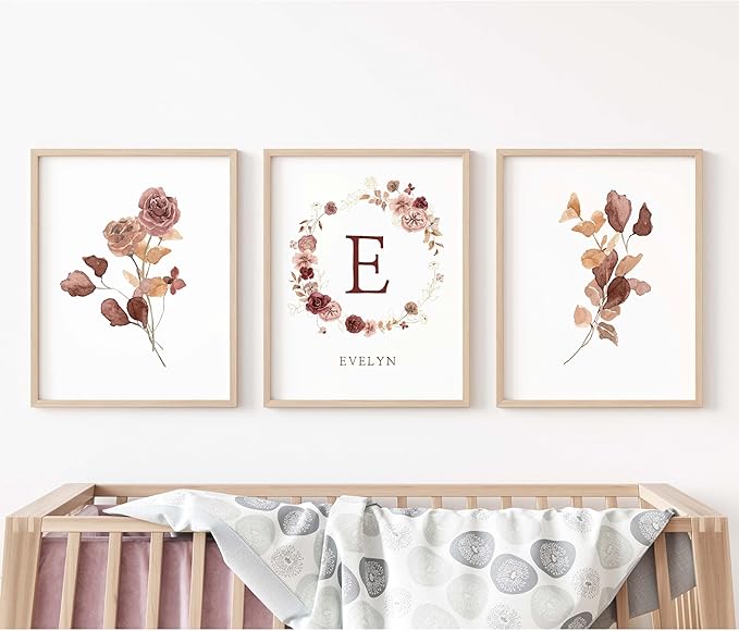 Personalized Name Flower Nursery Wall Art Prints, Crib & Nursery décor, Newborn Baby Girl Gift Present, Floral Baby Girl Room Pictures, Poster For Baby And Kids (3 Prints, Flower 1)