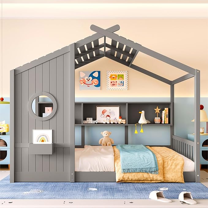 Full Size Floor House Bed with Roof and Window for Kids, Wooden Playhouse Bed with Storage Shelves for Bedroom Furniture Girls & Boys (Gray/L1, Full)
