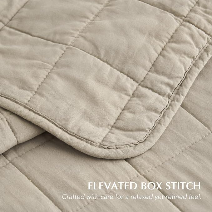 EVERGRACEHOME 100% Cotton Box Stitch Quilt Bedding Set King Size 3 Pieces, Garment-Washed Lightweight Soft Cozy Coverlet, Oversized Quilted Bedspread Sets with 2 Shams for All Season, Pebble Khaki