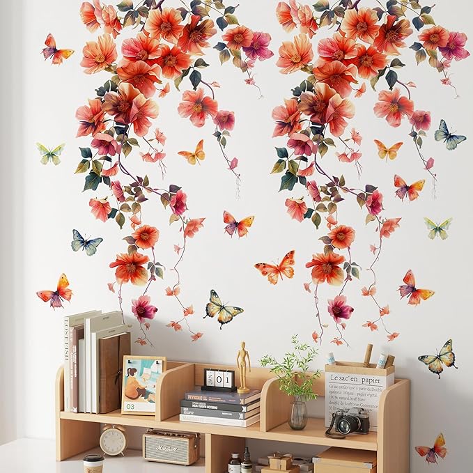 2 Sheets Removable Hanging Red Vine Flowers Wall Decal DIY Colorful Flying Butterfly Wall Decal Self-Adhesive Art Decor for Girls Room Living Room Bedroom Office TV Backdrop Home Decor