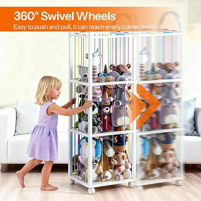 HOOBRO Stuffed Animal Storage & Organizer, Thicken PVC Stuffed Animal Holder with Wheels and Elastic Band, Zoo Plush Toy Storage Organizer for Nursery, Playroom, Living Room, White WT128CW01