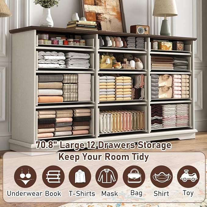 70inch Large Long Dresser w/Charging Station,12 Drawer Dresser w/Deep Big Drawers,Wooden Chest of Drawers w/Power Outlet,White Dressers for Bedroom,Living Room,Entryway,Antique White