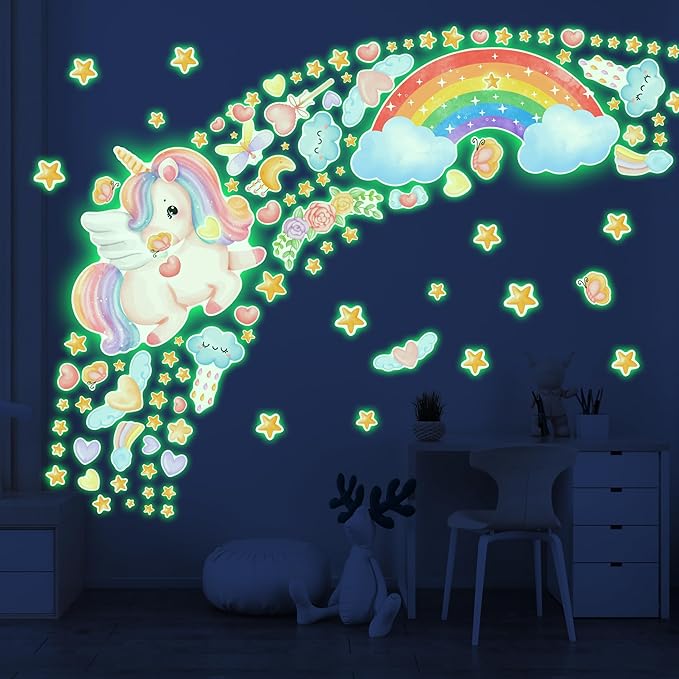 Large Unicorn and Rainbow Wall Decals Glow in The Dark, Cute Stars Stickers for Baby Girls Room, Luminous Ceiling Decor for Bedroom Playroom Nursery