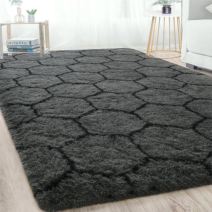 Meralax Hexagon Grey Rugs for Living Room Bedroom, 4x6 Soft Area Rug Fluffy Shaggy Bedside Rug, Machine Washable Indoor Gray Floor Carpet for Kids, Dorms, Nursery Rooms, Home Decor Aesthetic