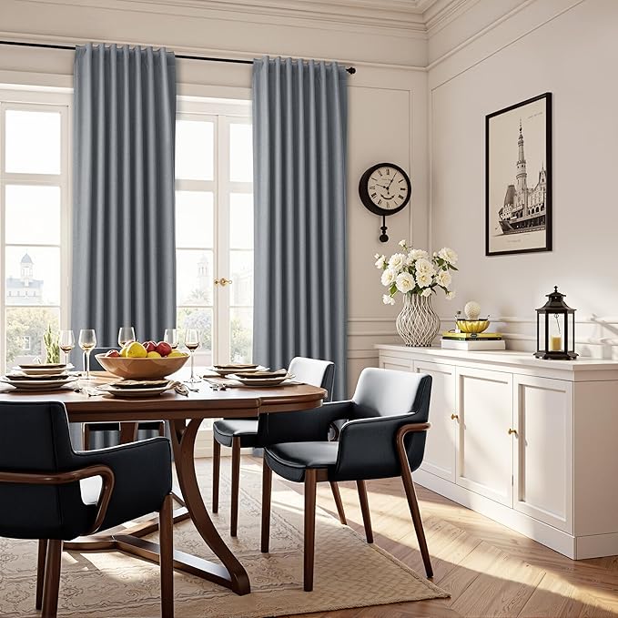 Guken Grey Linen 100% Blackout Curtains for Living Room 96 Inches Long 2 Panels Set Back Tab Textured Modern Light Blocking Privacy Curtains for Room Divider Bedroom Sliding Door Gray 52x96 8Ft