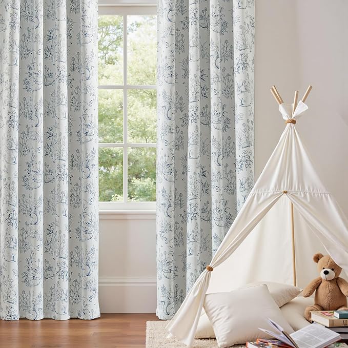 jinchan Blackout Nursery Curtains 84 Inches Long, Bunny Woodland Toile Curtains Blue on Beige Animal Printed Drapes for Bedroom Rod Pocket Thermal Insulated Farmhouse Window Treatment 2 Panels