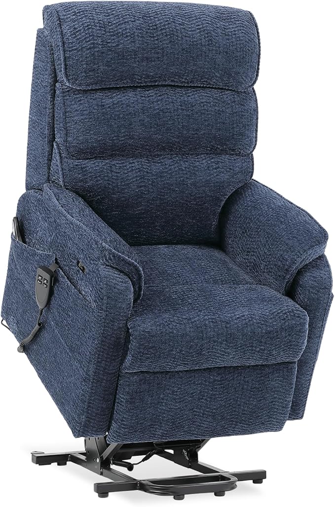 DYNOX 300 LBS Power Lift Recliner Chair for Elderly, Small Size Dual Motor Lay Flat Infinite Positions Recliner with Heat, Massage & USB Charging Port (9188S,Chenille,Blue)