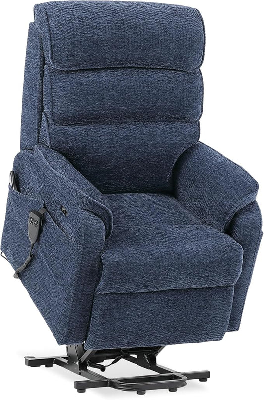 DYNOX 300 LBS Power Lift Recliner Chair for Elderly, Small Size Dual Motor Lay Flat Infinite Positions Recliner with Heat, Massage & USB Charging Port (9188S,Chenille,Blue)