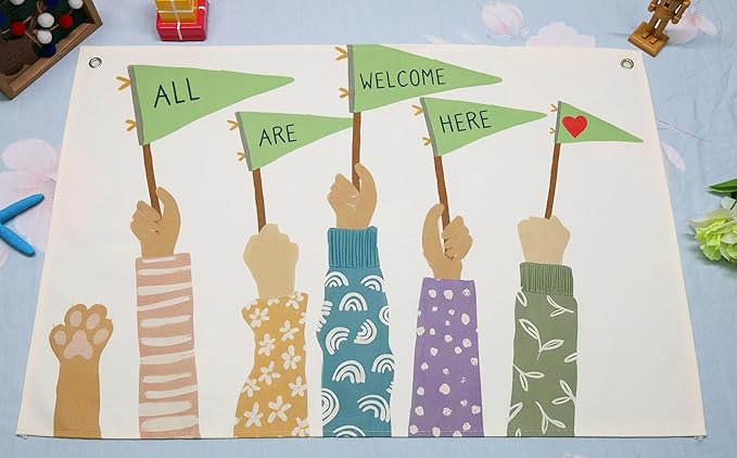 Classroom Boho Rectangular Banner Flag Wall Art Decor Gift for Baby Boy Girl Kids,Classroom Homeschool Nursery Home Playroom Decor-All Are Welcome Here-Baby,Shower Birthday Christmas Gift