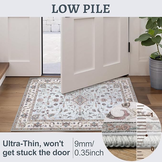 Tangsoo 5x7 Washable Area Rug, Non Slip Boho Persian Rug for Living Room Bedroom, Vintage Light Blue Floral Indoor Carpet, Soft Low Pile Mats for Bathroom Office Laundry Kid & Pets Friendly Home Decor