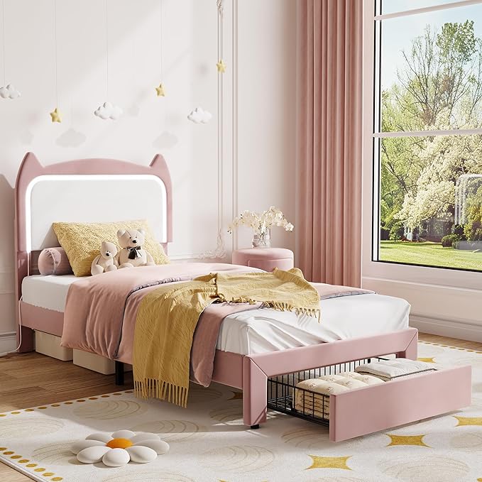 Twin Size Princess Bed Frame with LED Lights & Storage Drawer - Pink Velvet Upholstered Cat Headboard Platform Bed for Kid- Sturdy Wood Slats,No Box Spring Needed,App & Remote Control,Pink & White