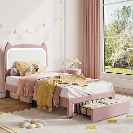 Twin Size Princess Bed Frame with LED Lights & Storage Drawer - Pink Velvet Upholstered Cat Headboard Platform Bed for Kid- Sturdy Wood Slats,No Box Spring Needed,App & Remote Control,Pink & White