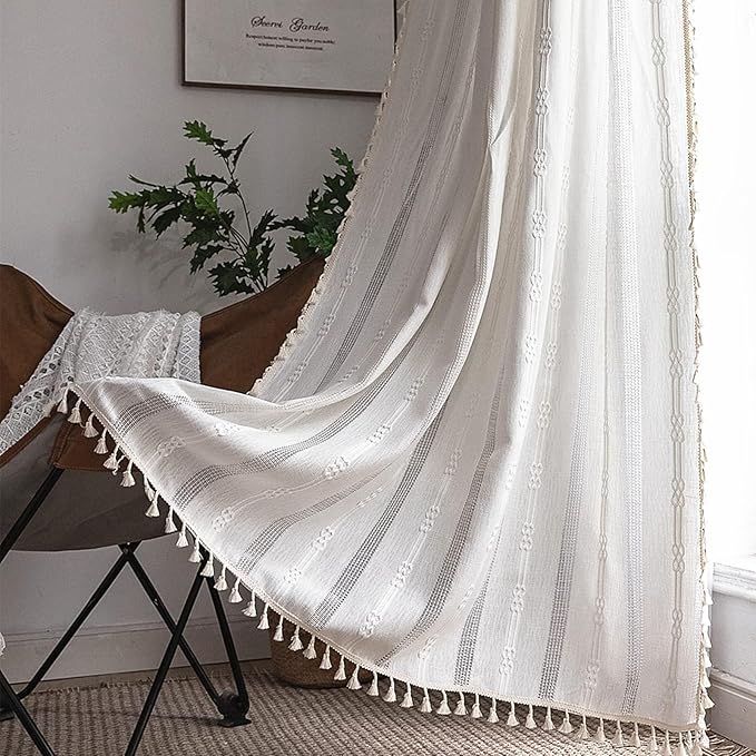 Deeprove Boho Curtain 96 Inches Long for Bedroom, Sheer Ivory Cotton Linen White Stripes Embroidery Shabby Chic Hollow Geometric, Semi Blackout Window Vintage Drape Tassels, 1 Panel W52 x L96
