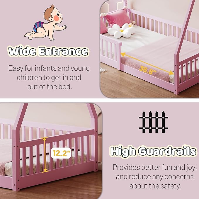Twin House Bed with Fence Rails, Wood Montessori Floor Bed with Slats Support, Twin Size Teepee Tent Beds Kids Bed Frames for Girls Boys,Pink
