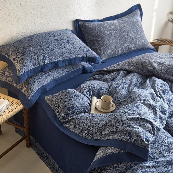 Full Duvet Cover Vintage Blue Floral Duvet Cover Boho Paisley Bedding Set Linen Cotton Yarn-Dyed Textured Duvet Cover with Zipper Closure Reversible Paisley Flower Comforter Cover with 2 Pillowcases