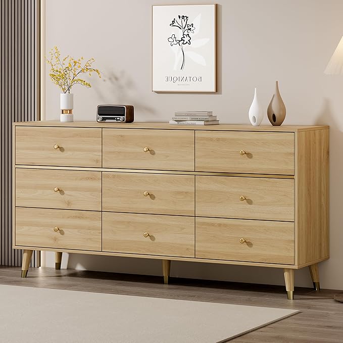 9 Drawer Dresser,63" Wide Mid Century Modern Chest of Drawers,Wooden Bedroom Drawer Dresser with 9 Storage Drawers for Bedroom, Living Room,with Anti-Tipping Device,Natural
