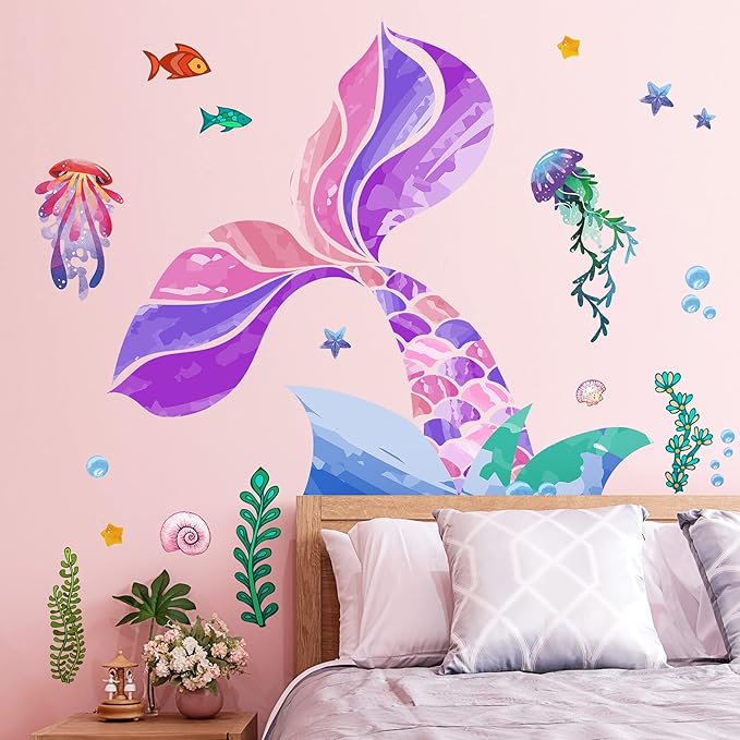 LiveGallery Removable 3D Under The Sea Rainbow Colorful Mermaid Tail Blisters Wall Sticker DIY Ocean Fish Jellyfish Seaweed Wall Decal Decor for Kids Girls Princess Room Bedroom Living Room
